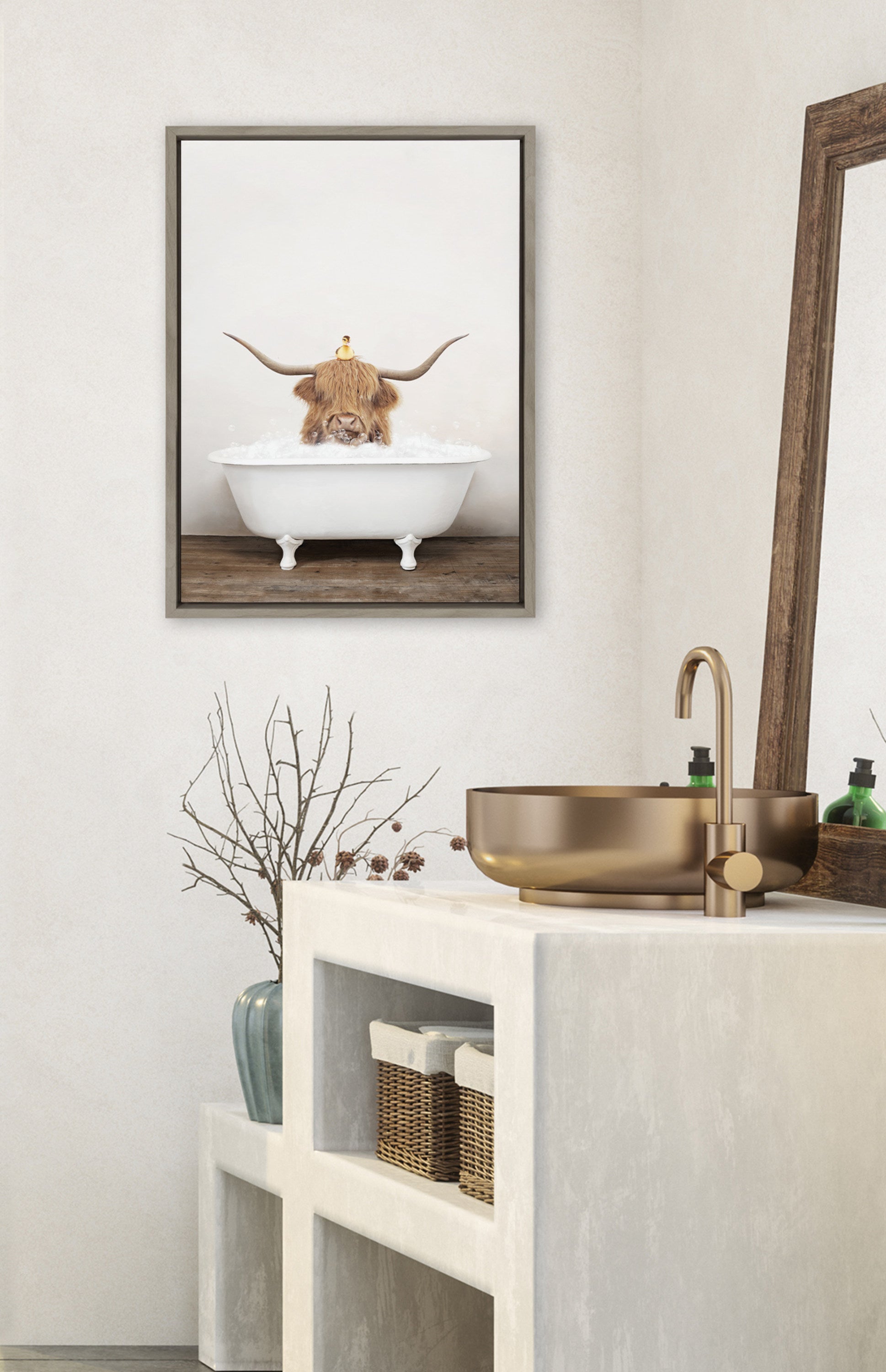 Sylvie Highland Cow and Duckling in Rustic Bath Framed Canvas by Amy Peterson Art Studio