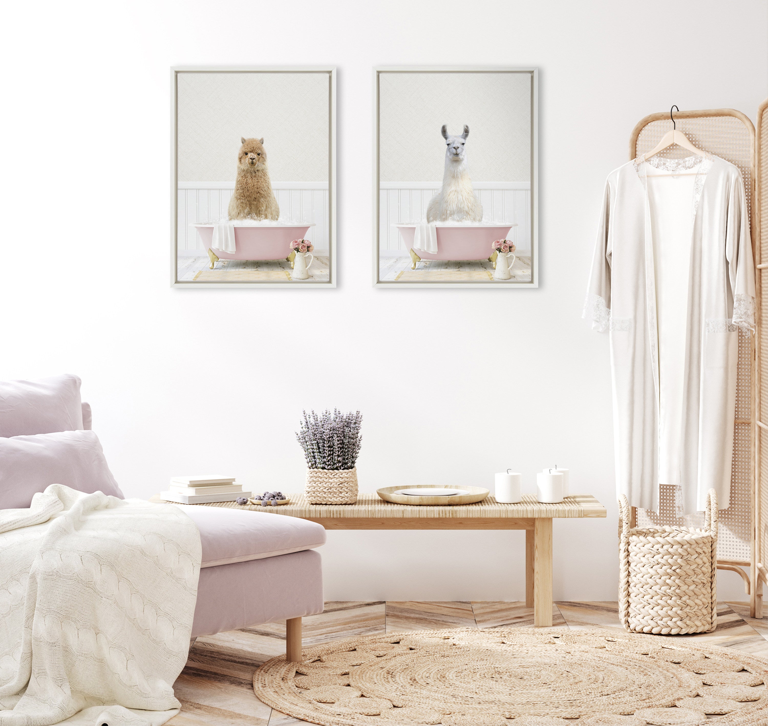 Sylvie Alpaca in Cottage Rose Bath Framed Canvas by Amy Peterson Art Studio