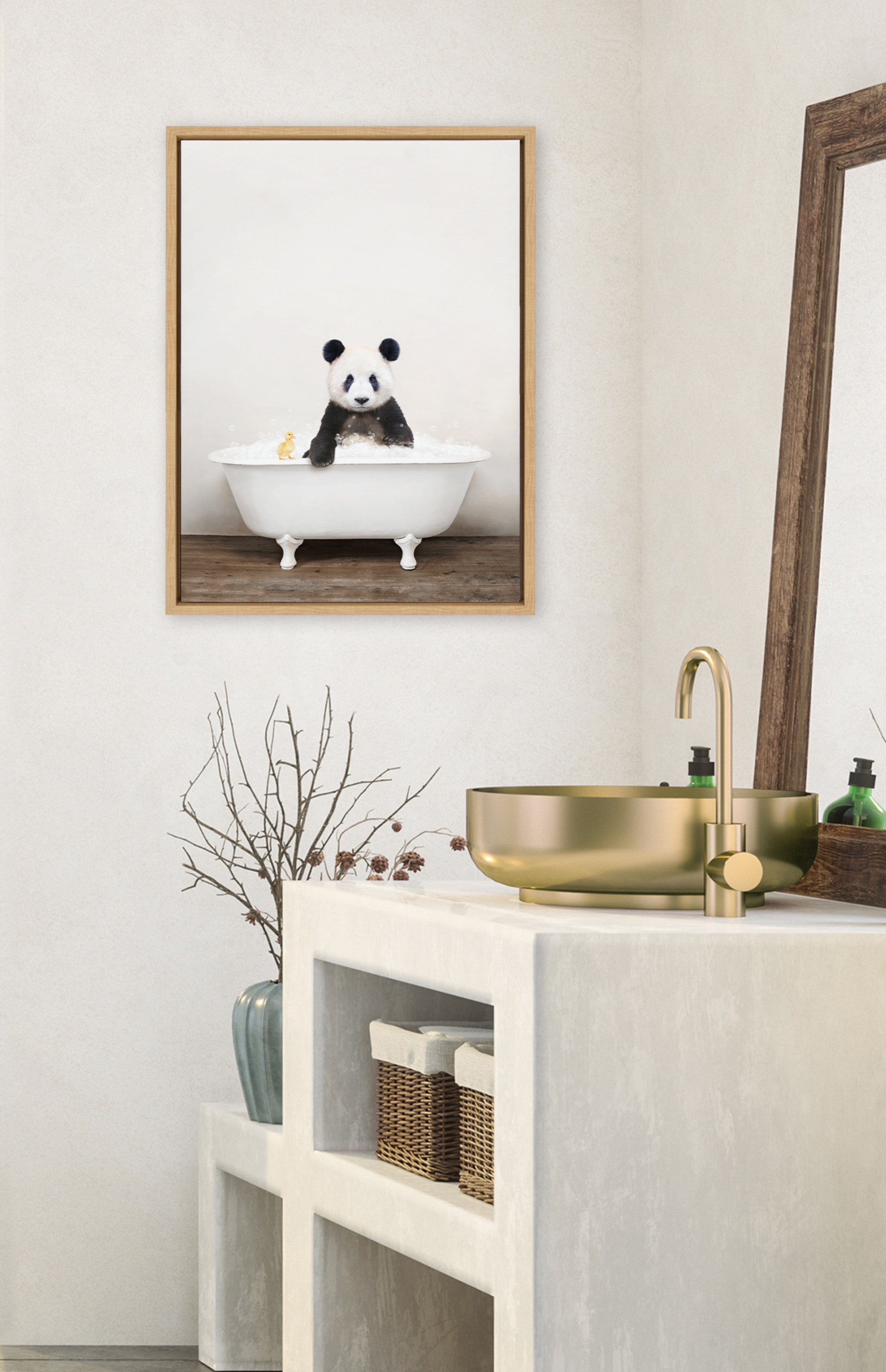 Sylvie Panda Waving in Rustic Bath Framed Canvas by Amy Peterson Art Studio