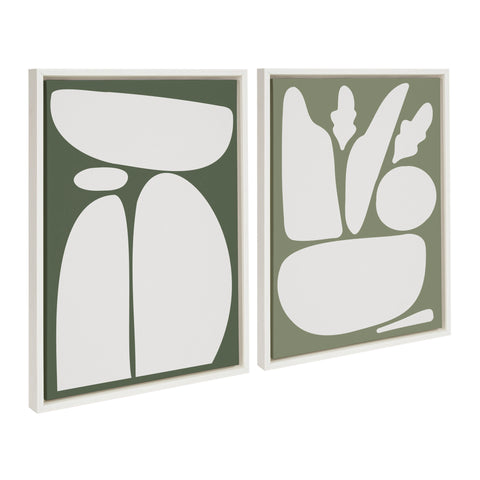 Sylvie Balancing Zen Rocks Dark Green and Zen Botanical Rock Sage Green Framed Canvas by The Creative Bunch Studio