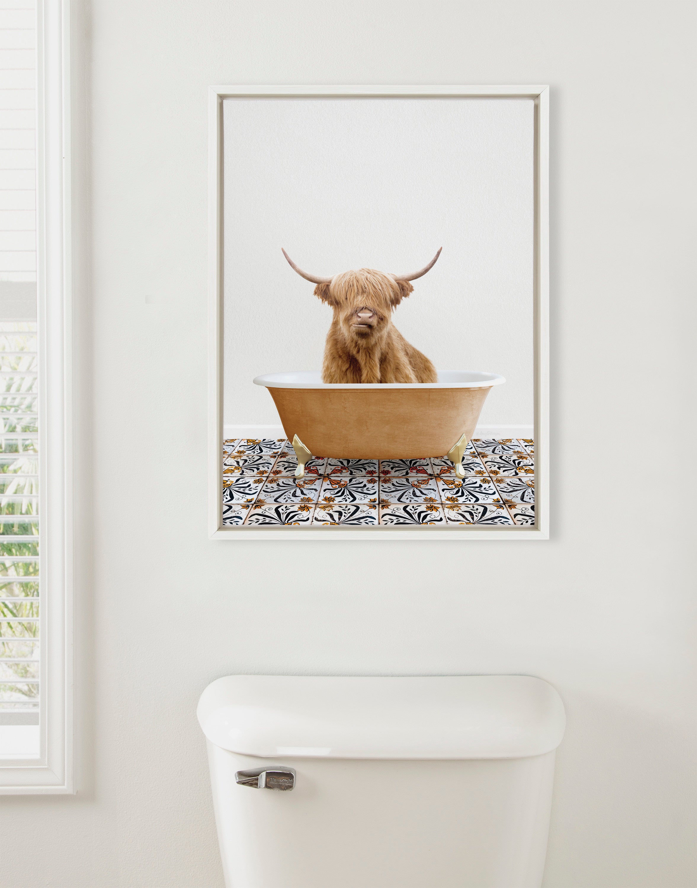Sylvie Highland Cow In Mediterranean Bath Framed Canvas by Amy Peterson Art Studio