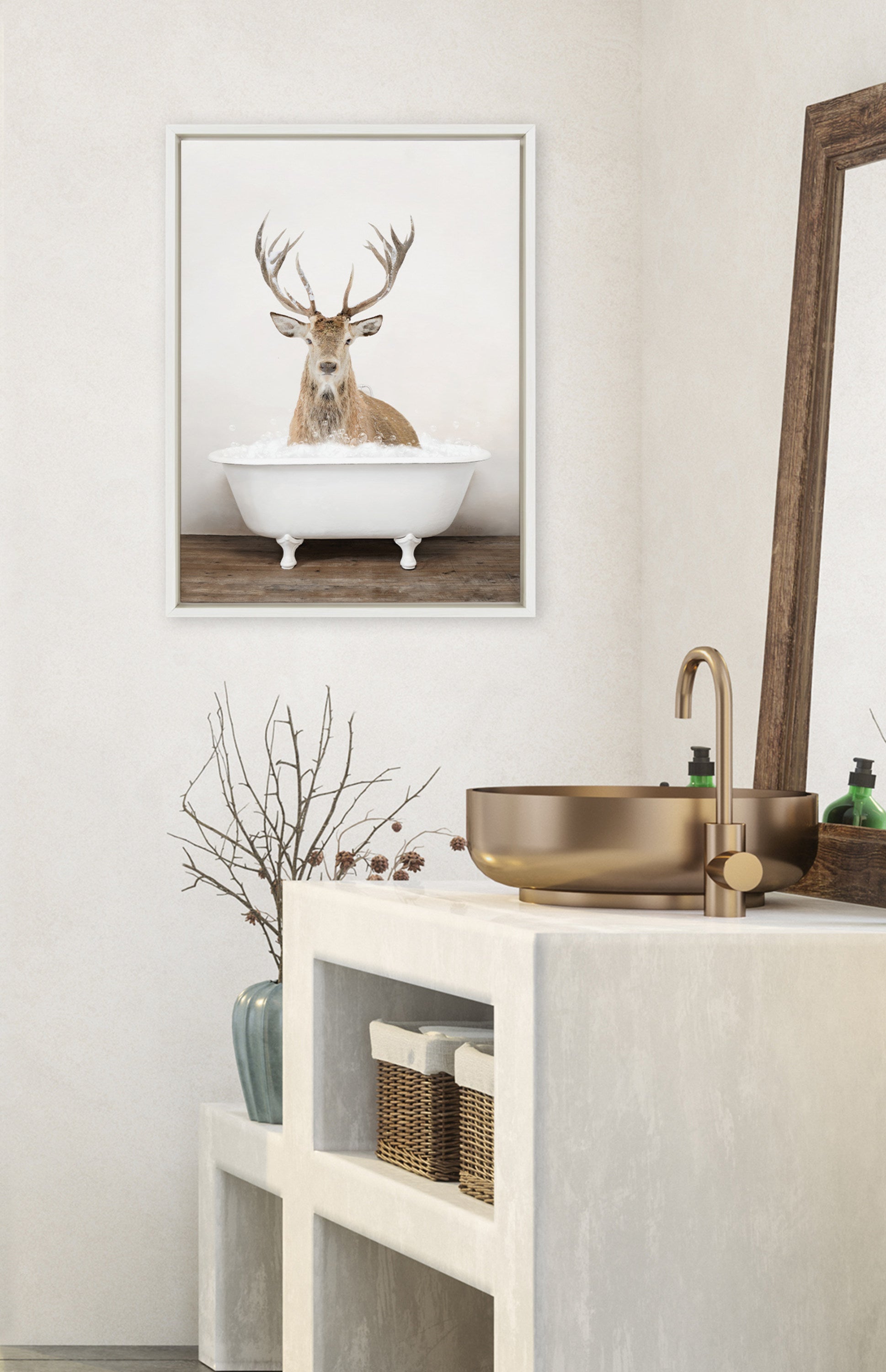 Sylvie Male Deer in Rustic Bath Framed Canvas by Amy Peterson Art Studio