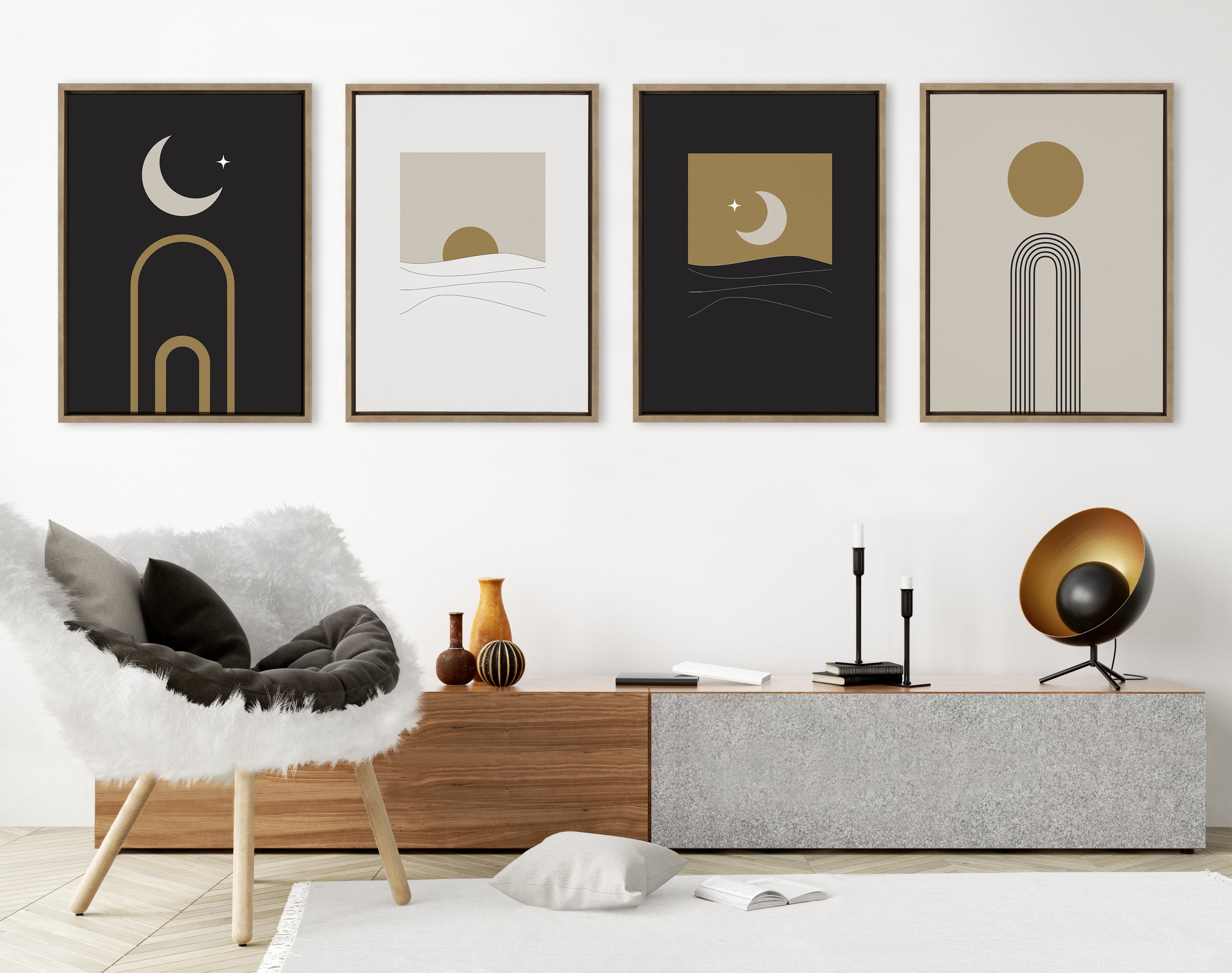 Sylvie Boho Minimalist Sunrise Rainbow and Boho Minimalist Moon Arches Framed Canvas Art Set by The Creative Bunch Studio