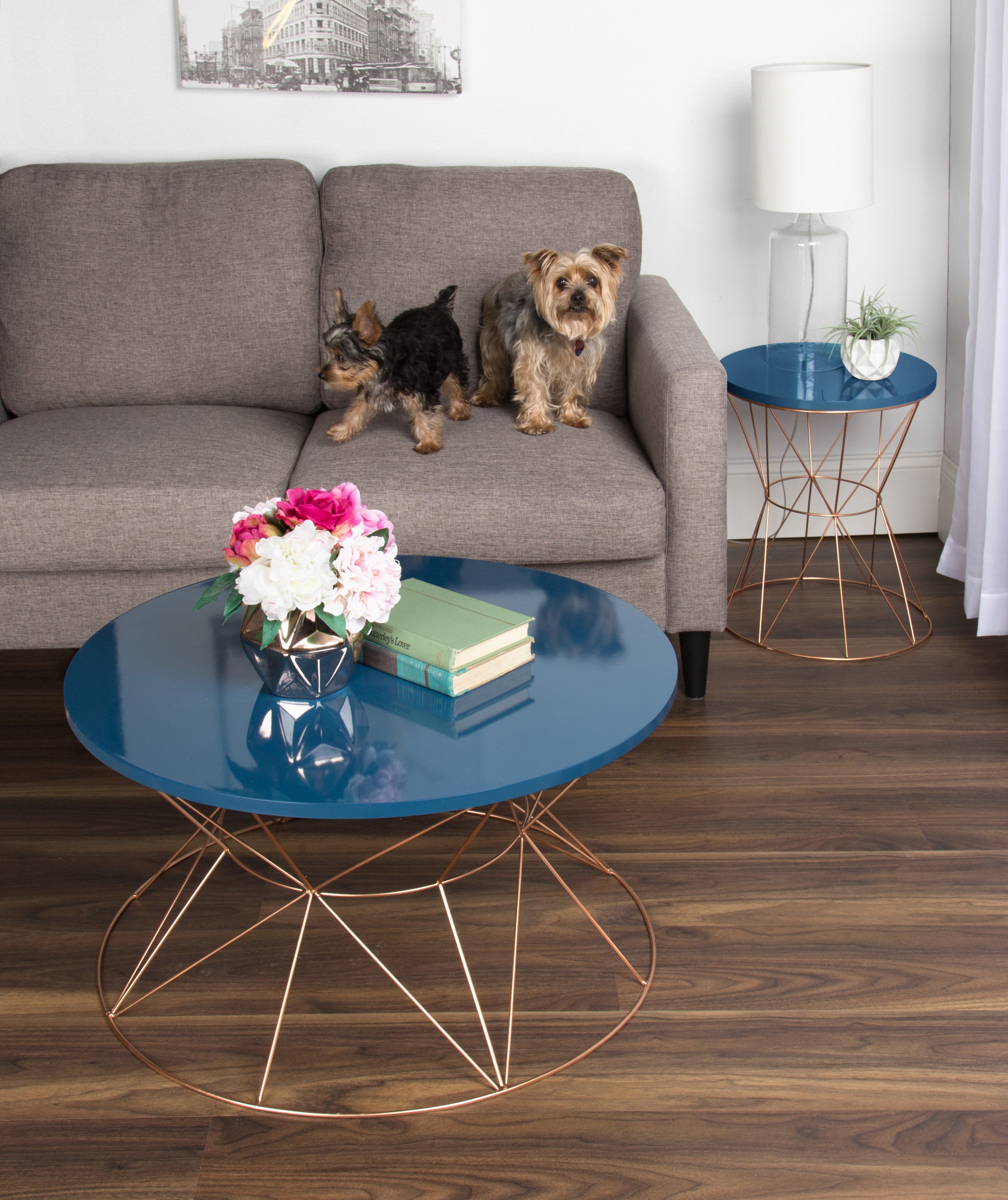 Kate and Laurel Mendel Round Metal End Table Blue Top with Rose