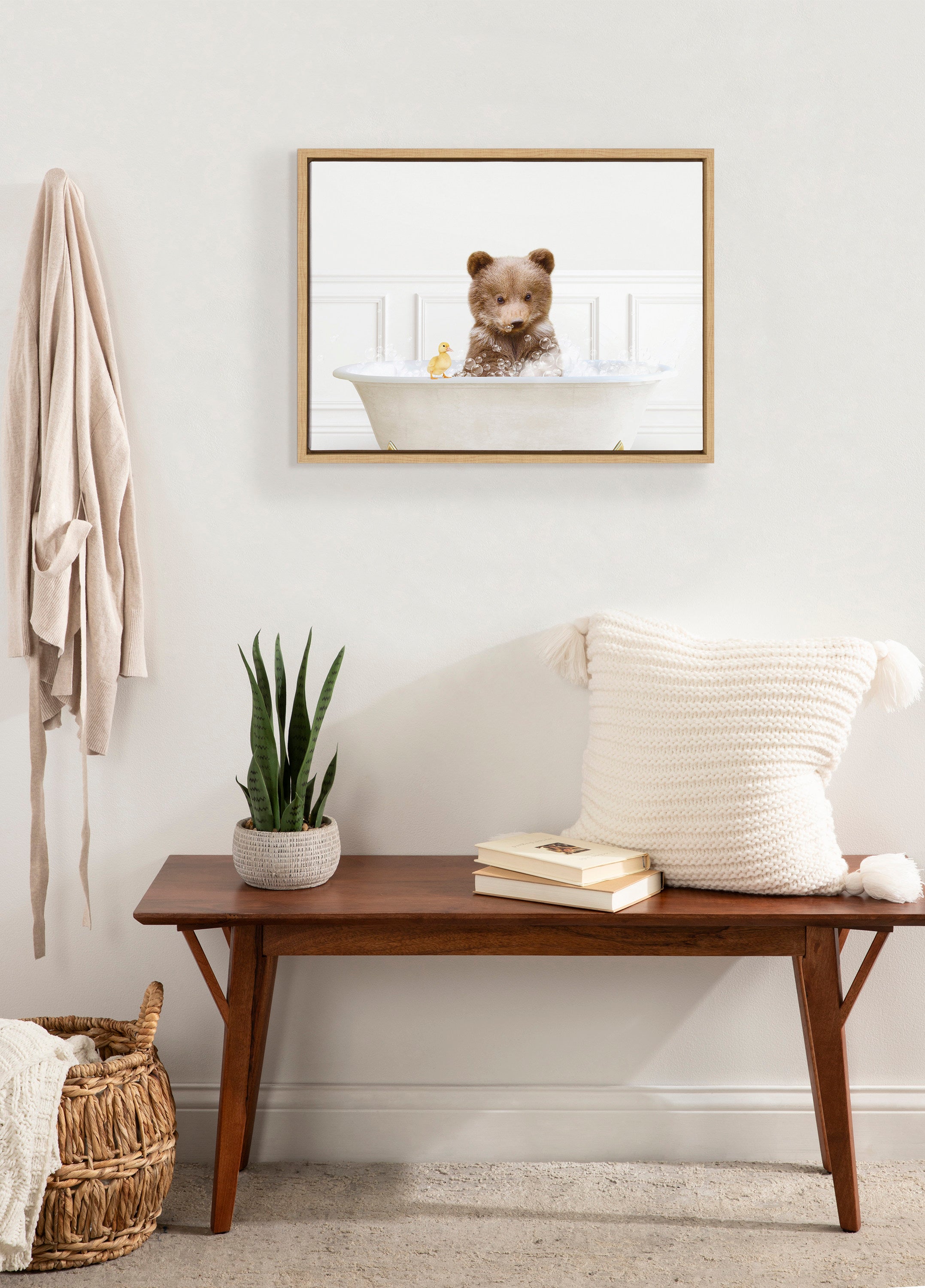 Sylvie Bear Cub In Bubble Bath Neutral Style Framed Canvas by Amy Peterson Art Studio
