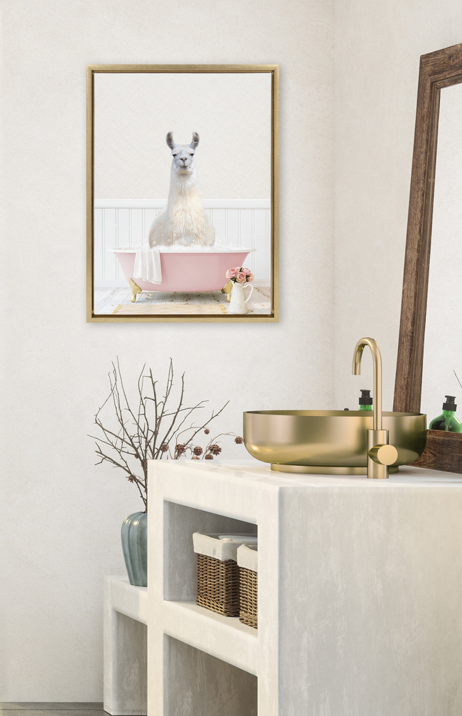 Sylvie Llama in Cottage Rose Bath Framed Canvas by Amy Peterson Art Studio