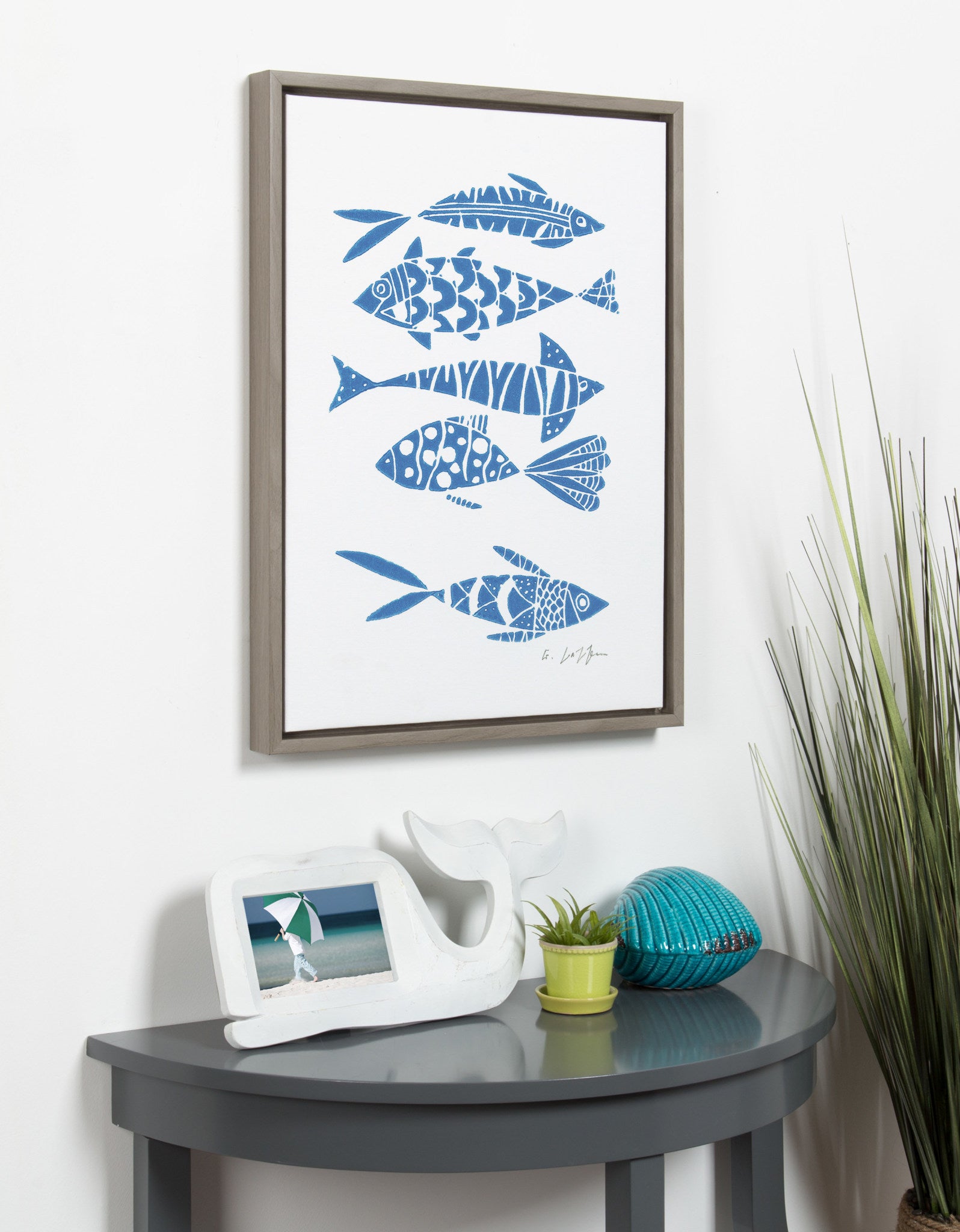 Sylvie Fishes Blue Framed Canvas by Giuliana Lazzerini