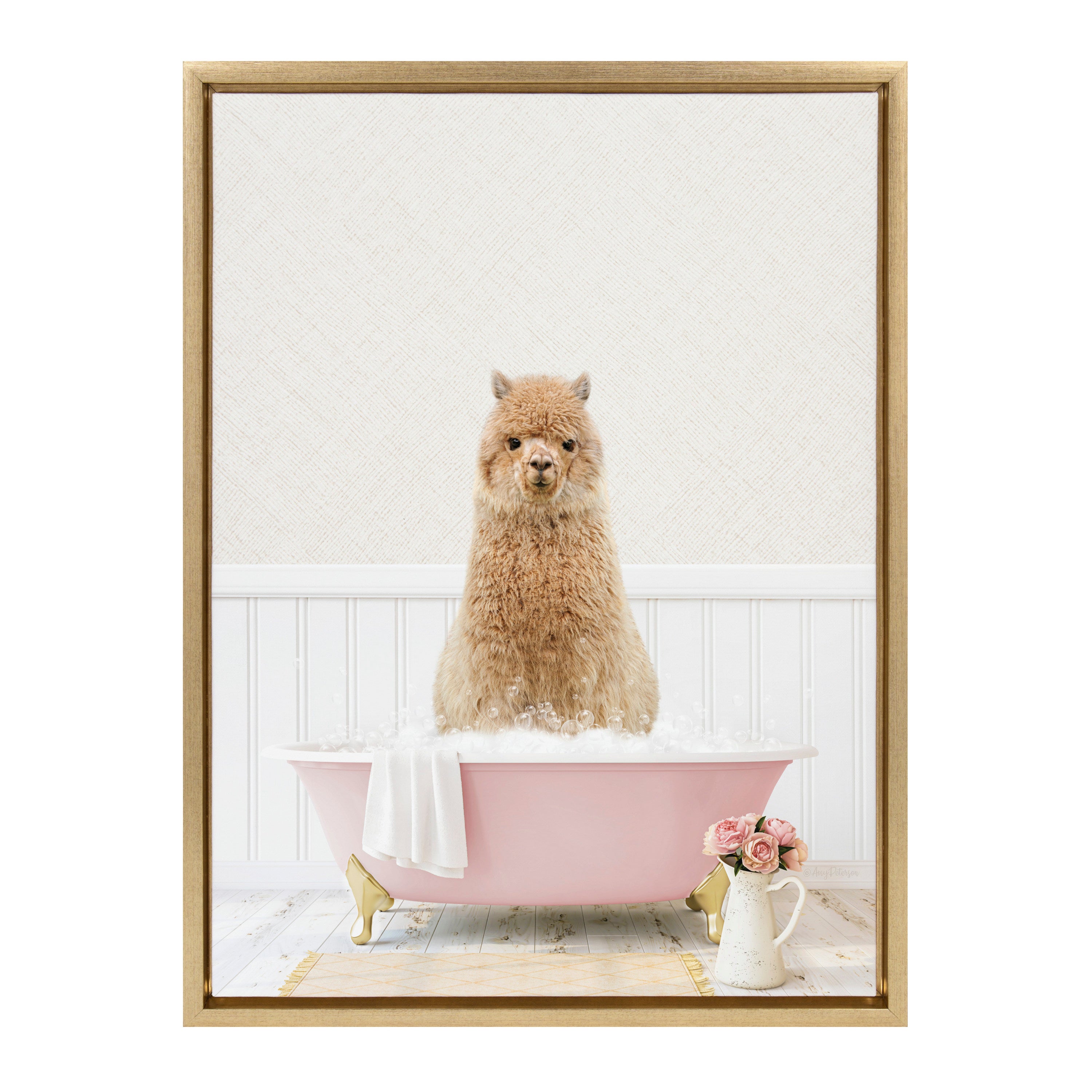 Sylvie Alpaca in Cottage Rose Bath Framed Canvas by Amy Peterson Art Studio