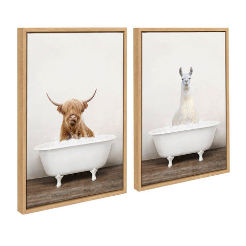 Sylvie Highland Cow Rustic Bubble Bath and Llama Rustic Bubble Bath Framed Canvas by Amy Peterson Art Studio