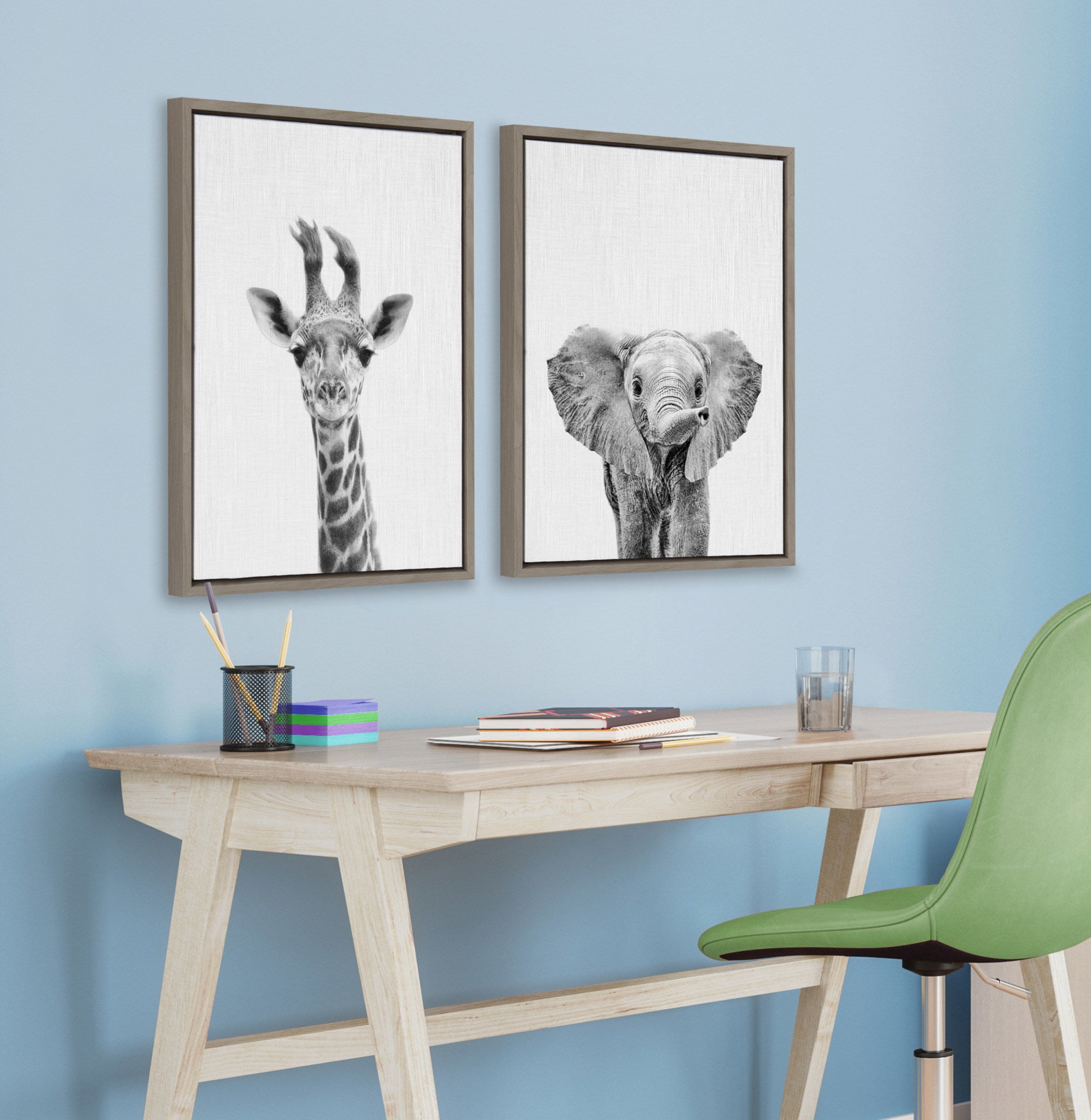 Kate and Laurel Sylvie Baby Giraffe and Elephant Framed Canvas Wall Art ...