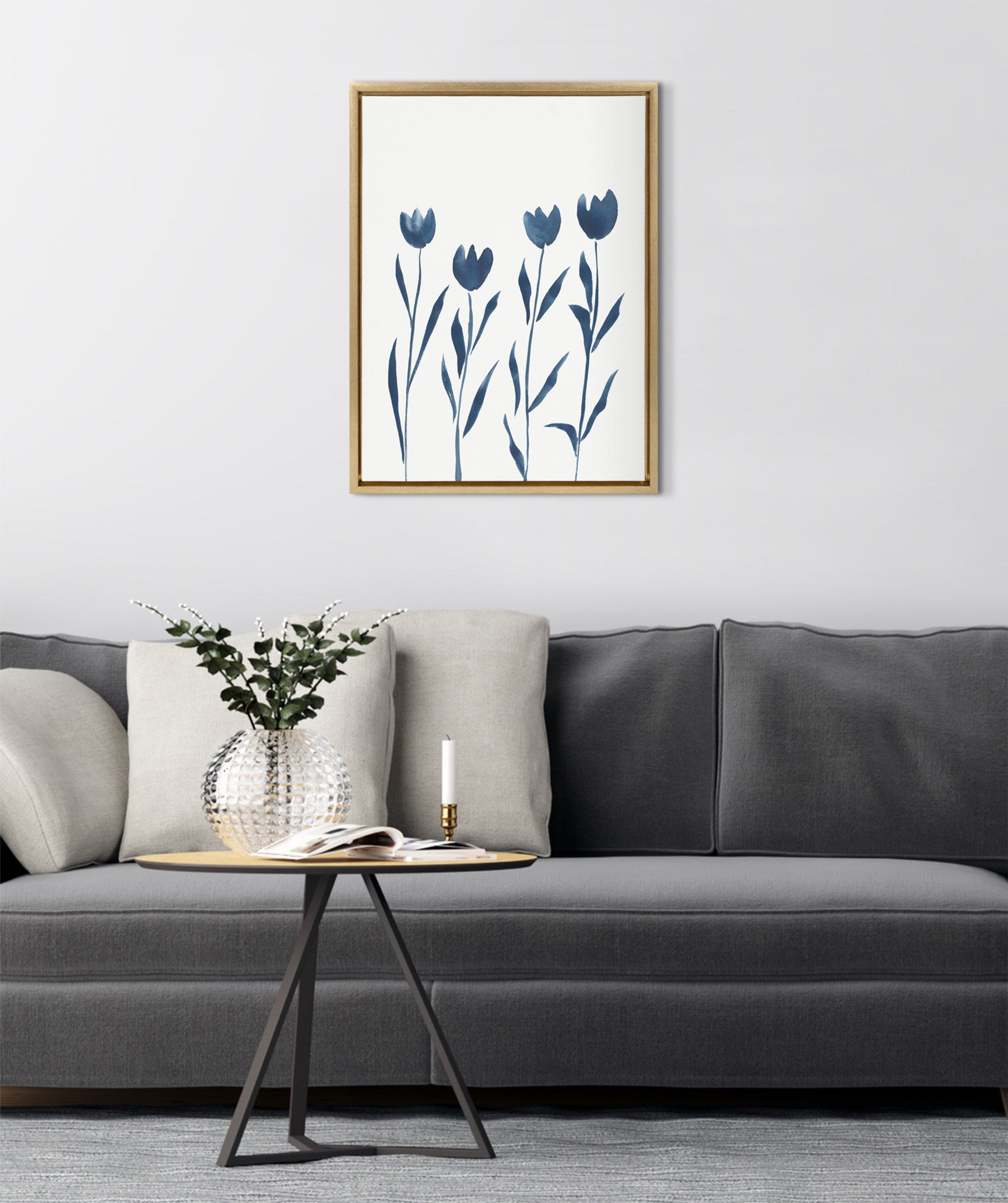 Sylvie Indigo Tulips on White Framed Canvas by Teju Reval of SnazzyHues