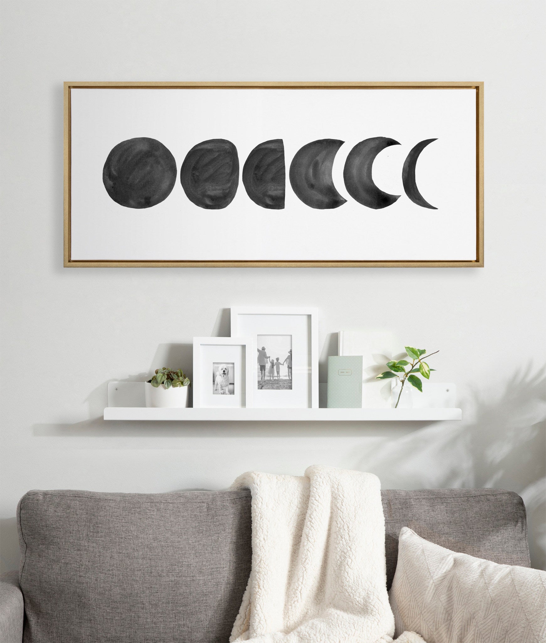 Sylvie Linear Moon Phases BW Framed Canvas by Teju Reval of SnazzyHues
