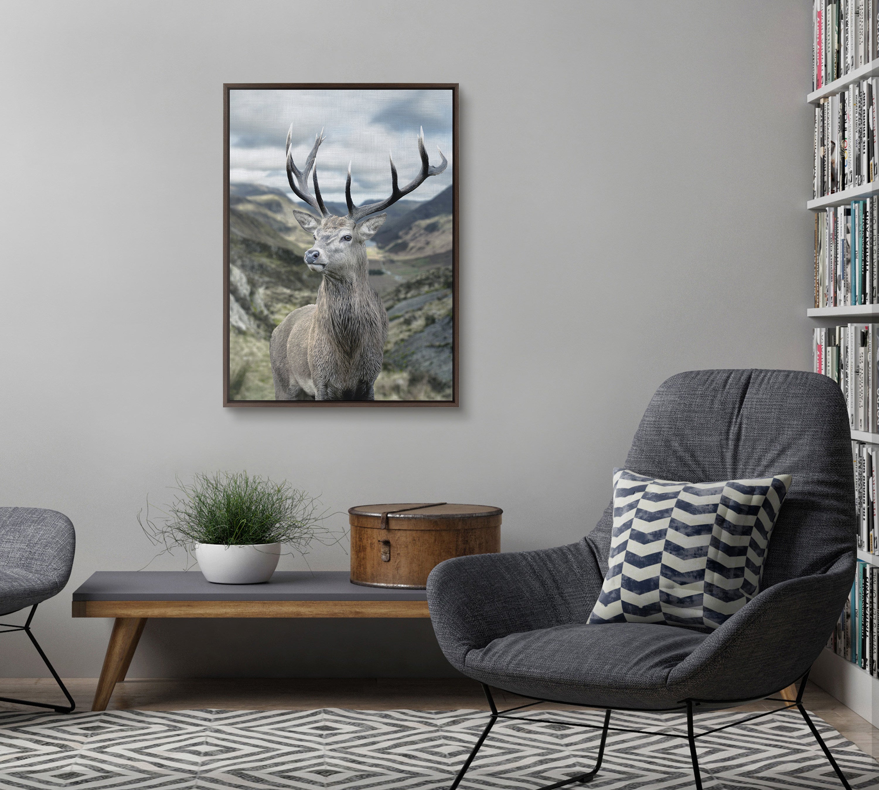 Sylvie Rosebud Deer Portrait with Linen Texture Framed Canvas by The Creative Bunch Studio