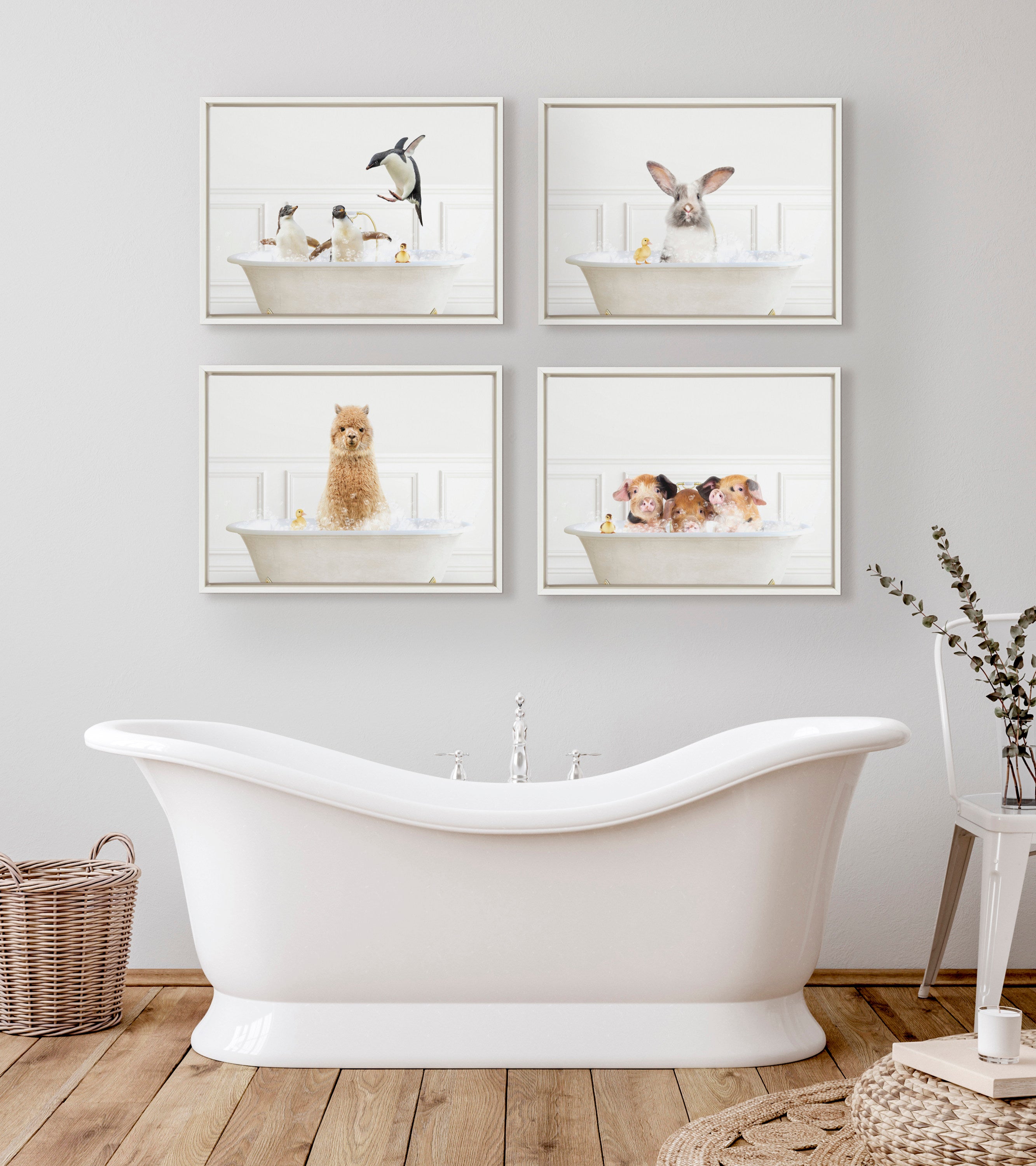Sylvie Penguins In Bubble Bath Neutral Style Framed Canvas by Amy Peterson Art Studio