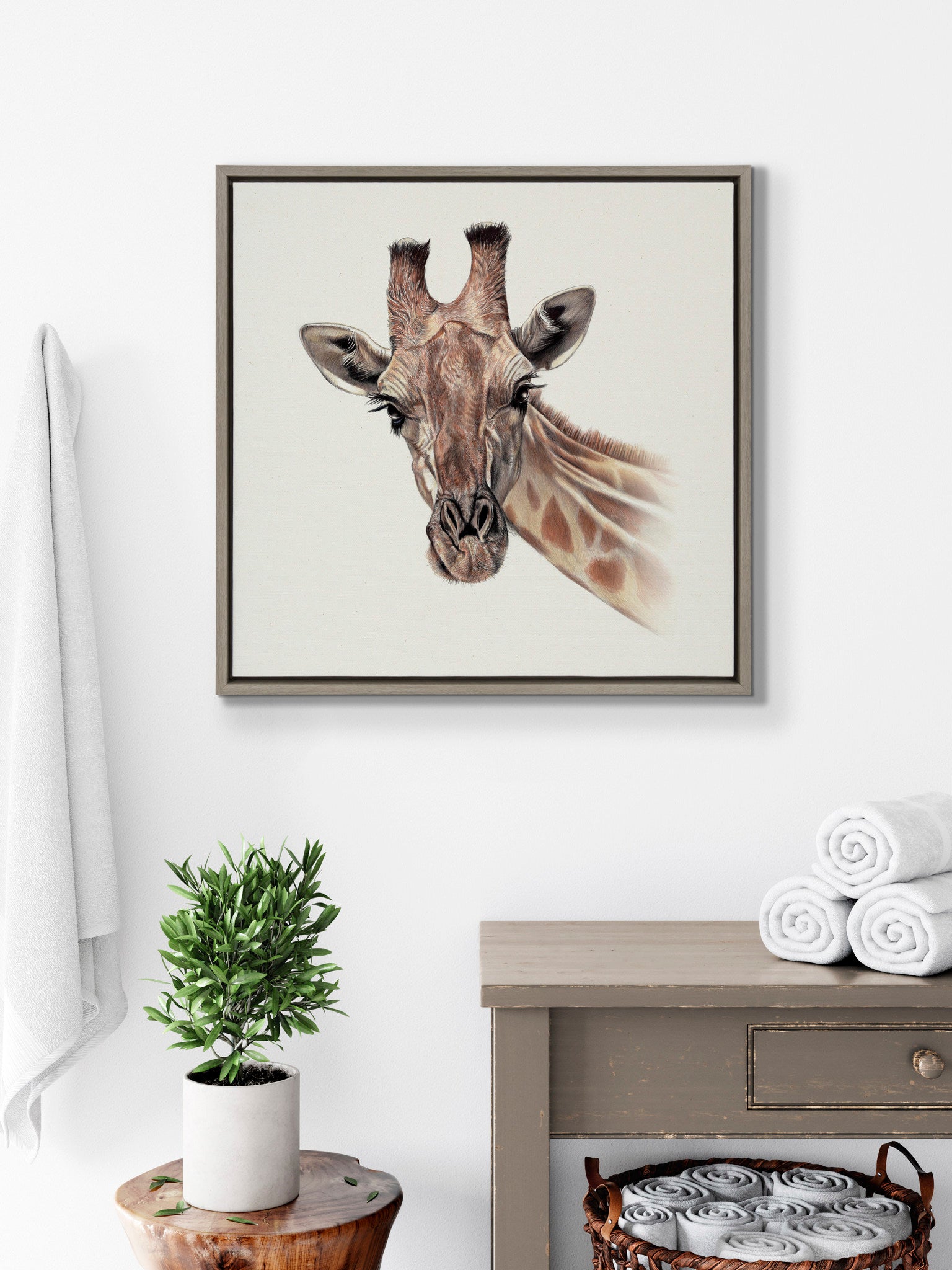 Sylvie Giraffe Framed Canvas by Ron Dunn, Gray 22x22